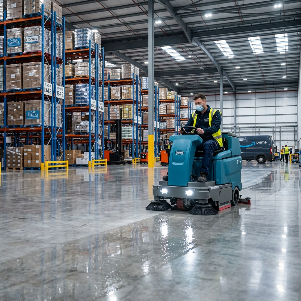 Lavasciuga pavimenti industriale che pulisce un grande magazzino logistico